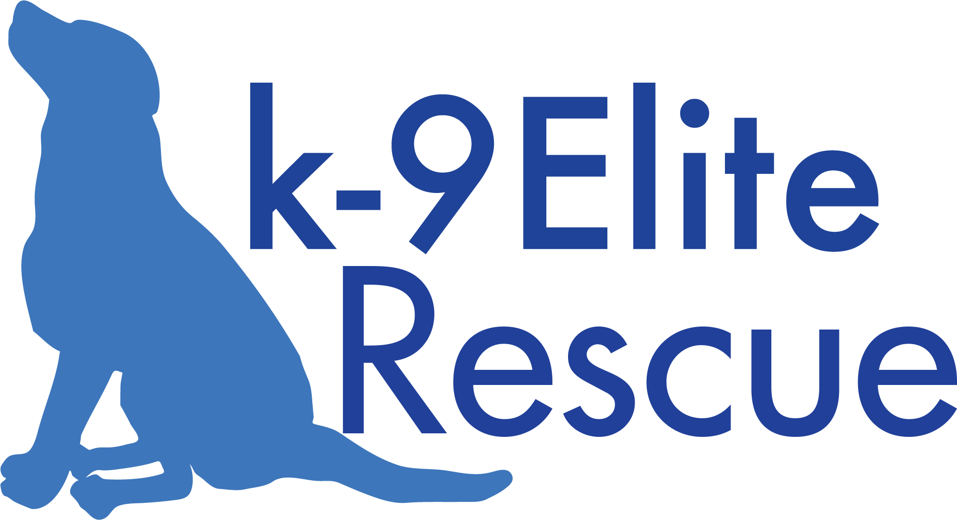 K-9 Elite Rescue Logo in Blue - A Dog sitting and looking to the left. K-9 Elite Rescue text on the right.